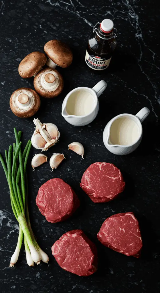 The simple, from-scratch ingredients for the classic and elegant Steak Diane recipe.