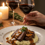 An elegant plate of homemade, restaurant-style Steak Diane being served for a romantic, candlelit dinner.