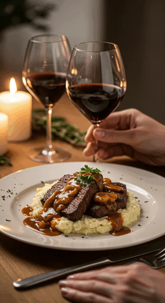 An elegant plate of homemade, restaurant-style Steak Diane being served for a romantic, candlelit dinner.