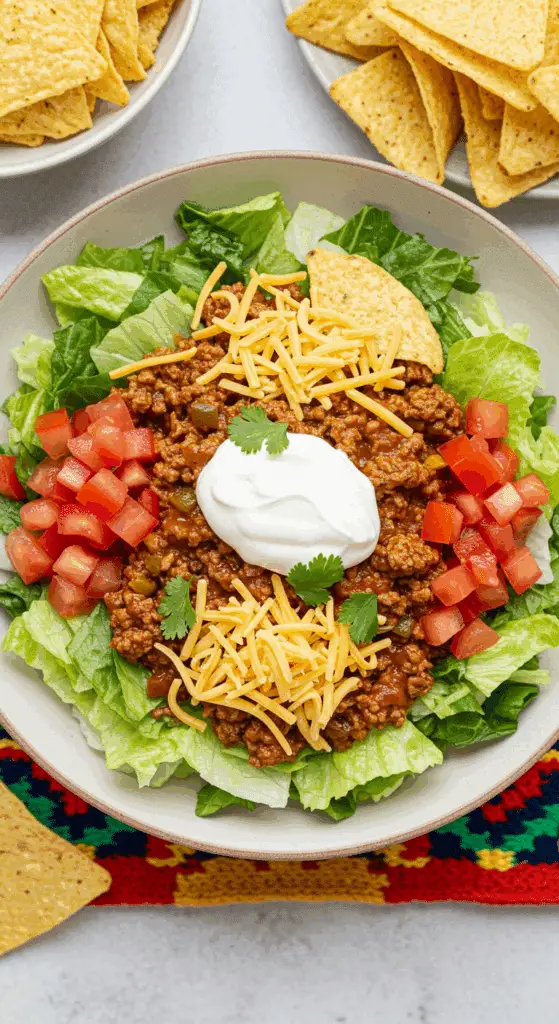 A beautiful, overhead shot of a homemade, healthy, and composed Turkey Taco Salad, with all the ingredients arranged in neat, colorful rows. This easy and delicious from-scratch Turkey Taco Salad is the ultimate, healthy and satisfying one-bowl meal.