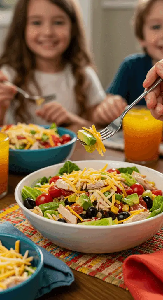 A beautiful bowl of homemade, healthy Turkey Taco Salad being enjoyed for a fun and casual family dinner.