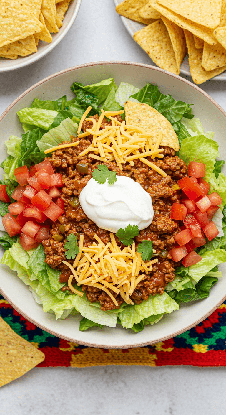 A beautiful, overhead shot of a homemade, healthy, and composed Turkey Taco Salad, with all the ingredients arranged in neat, colorful rows. This easy and delicious from-scratch Turkey Taco Salad is the ultimate, healthy and satisfying one-bowl meal.