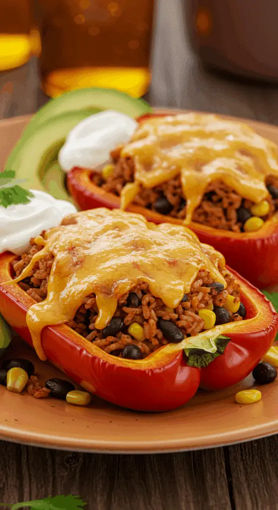 A beautiful, plated serving of homemade, healthy, and cheesy Vegetarian Stuffed Peppers, overflowing with a hearty rice and bean filling.