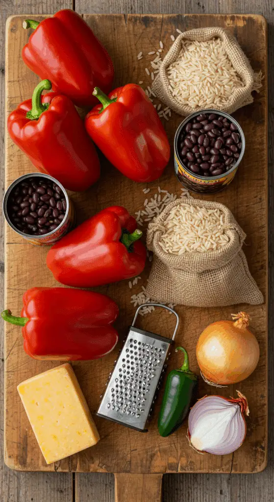 The simple, fresh ingredients for the healthy, from-scratch Vegetarian Stuffed Peppers recipe.