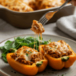 A cozy plate of homemade, cheesy Vegetarian Stuffed Peppers being served for a family dinner.