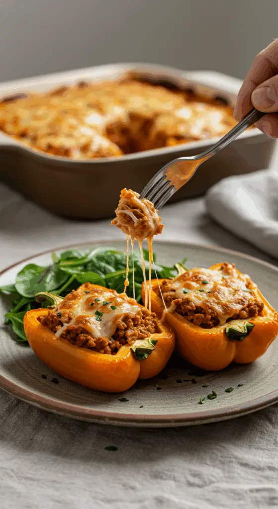 A cozy plate of homemade, cheesy Vegetarian Stuffed Peppers being served for a family dinner.