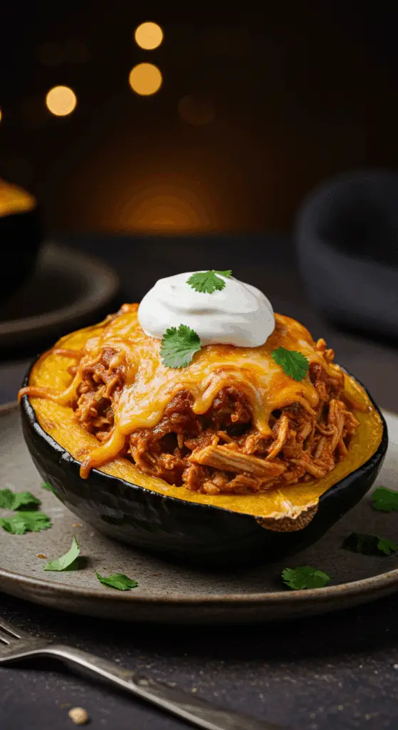 A beautiful, homemade, cheesy Enchilada Stuffed Acorn Squash, overflowing with a shredded chicken filling and topped with sour cream.