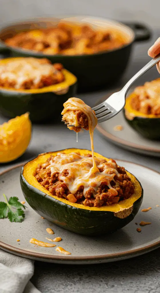 A single, perfect, homemade Enchilada Stuffed Acorn Squash on a dinner plate, being served for a family dinner.