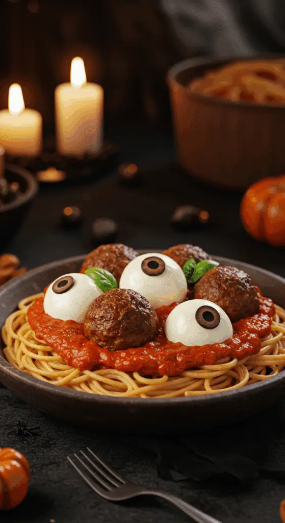 A beautiful, rustic bowl of homemade, spooky "Eyeball Pasta," with savory meatballs decorated to look like spooky eyeballs on a bed of spaghetti.