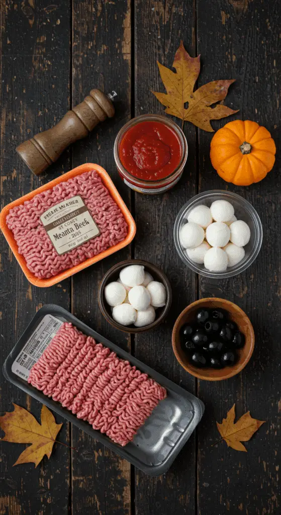 The simple, from-scratch ingredients for the easy and fun "Eyeball Pasta" (Spaghetti and Meatballs) recipe.