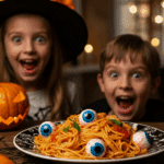 A child's eyes are wide with delight looking at a spooky bowl of homemade "Eyeball Pasta" at a fun family Halloween dinner.