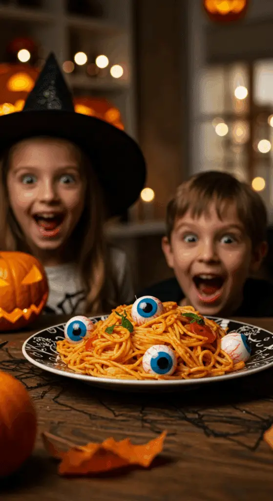 A child's eyes are wide with delight looking at a spooky bowl of homemade "Eyeball Pasta" at a fun family Halloween dinner.