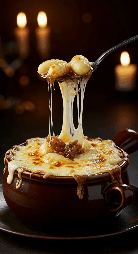 A beautiful, rustic crock of homemade, cheesy French Onion Gnocchi Soup, with a thick, golden-brown, broiled Gruyère cheese topping and an epic cheese pull.