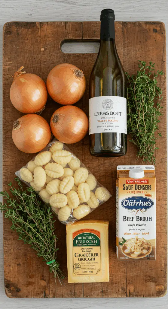The simple, from-scratch ingredients for the classic and cheesy French Onion Gnocchi Soup recipe.