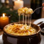 A cozy bowl of homemade, cheesy French Onion Gnocchi Soup being enjoyed with a spoon at a candlelit dinner.