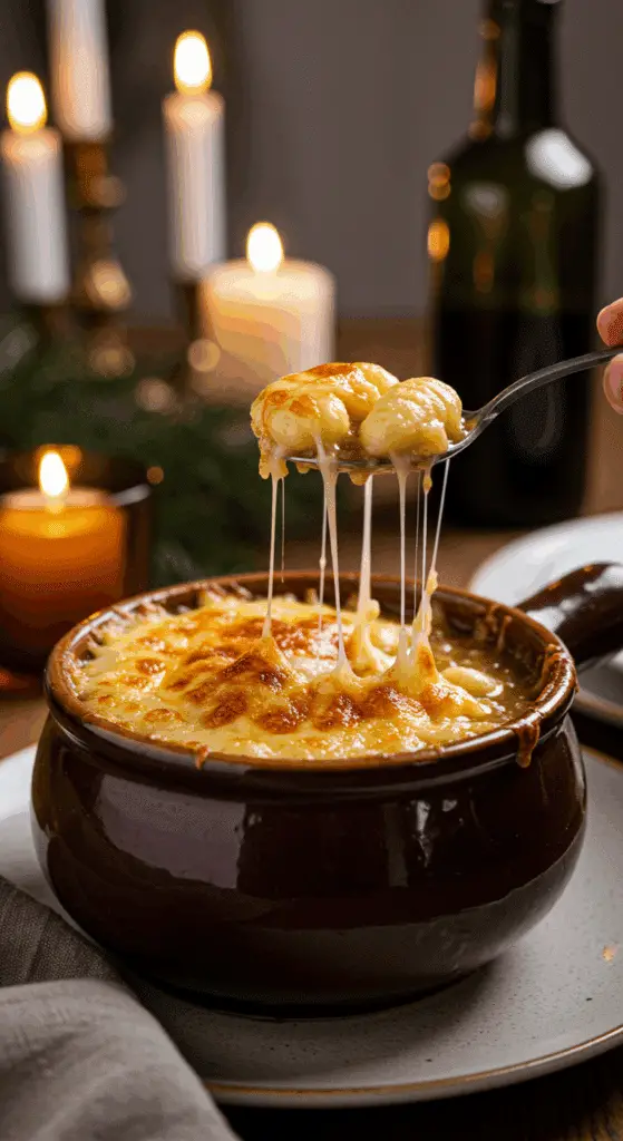 A cozy bowl of homemade, cheesy French Onion Gnocchi Soup being enjoyed with a spoon at a candlelit dinner.