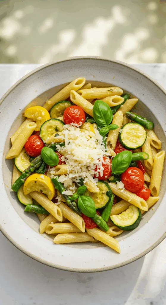 A beautiful, large serving bowl of homemade, classic, and vibrant Pasta Primavera, tossed with a colorful rainbow of fresh vegetables.