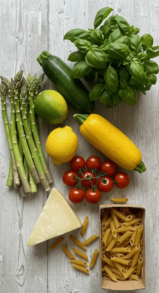 The simple, fresh ingredients for the healthy, from-scratch, classic Pasta Primavera recipe.