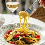 An elegant plate of homemade, fresh Pasta Primavera being enjoyed for a healthy lunch on a sunny patio.