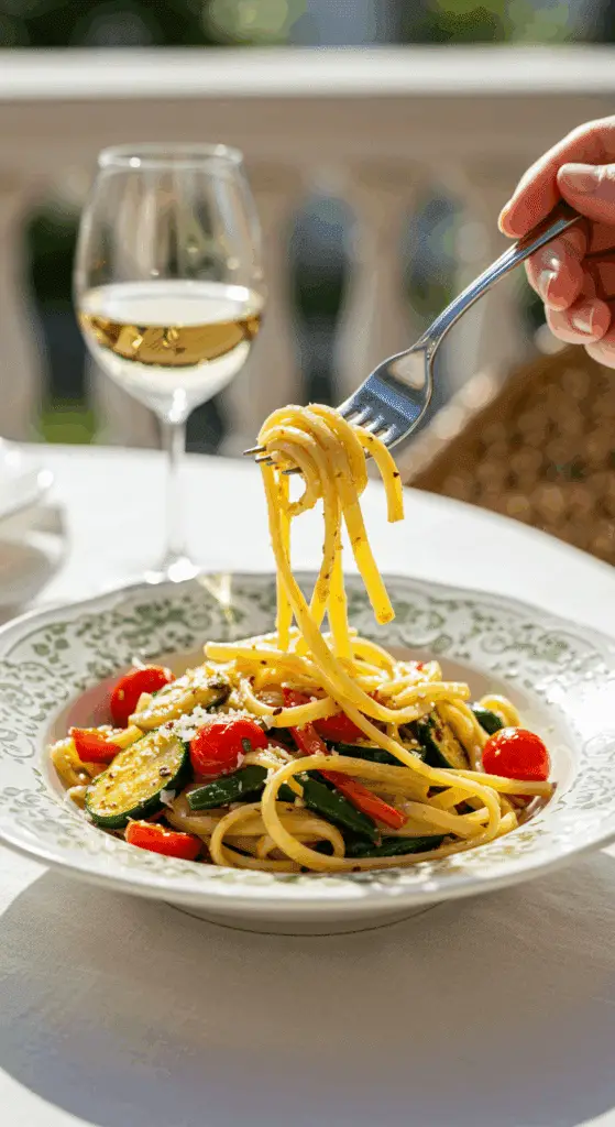 An elegant plate of homemade, fresh Pasta Primavera being enjoyed for a healthy lunch on a sunny patio.