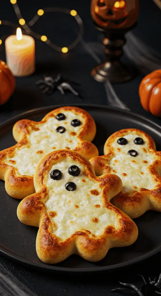 A beautiful, rustic platter of homemade, spooky, and adorable Ghost Pizzas, shaped like ghosts and topped with melted white cheese and olive eyes.