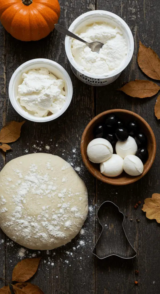 The simple, from-scratch ingredients for the easy and fun Ghost Pizza recipe.