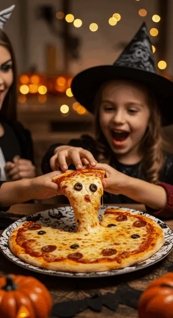 A child's hand excitedly reaching to take a cute and spooky homemade Ghost Pizza at a fun family Halloween dinner.
