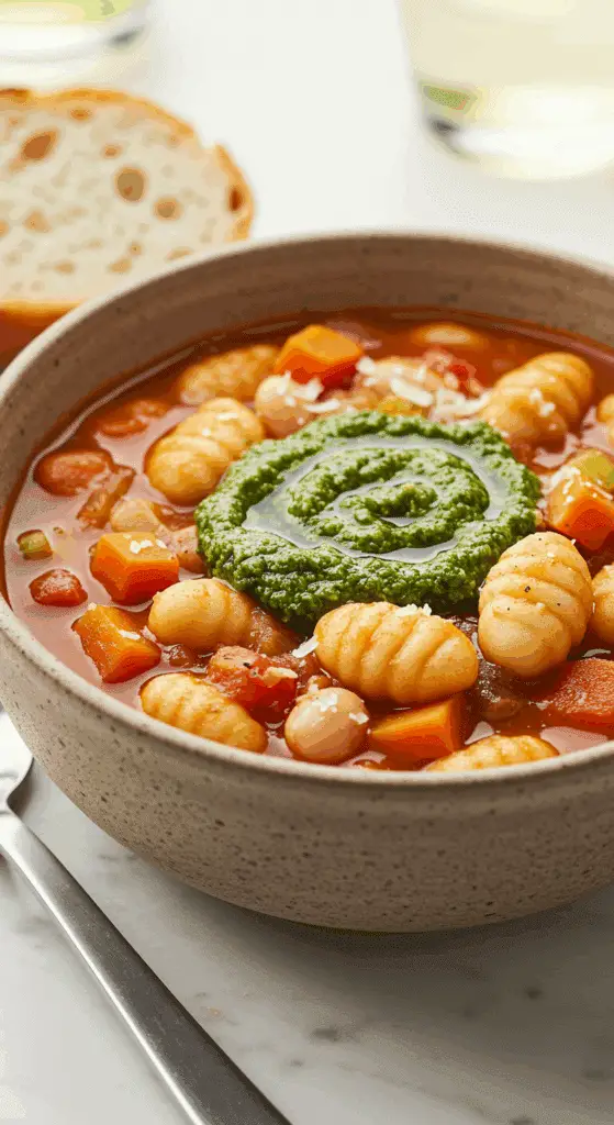A beautiful, rustic bowl of homemade, hearty, vegetarian Gnocchi Minestrone Soup, with a rich tomato broth, vegetables, beans, and pillowy gnocchi.