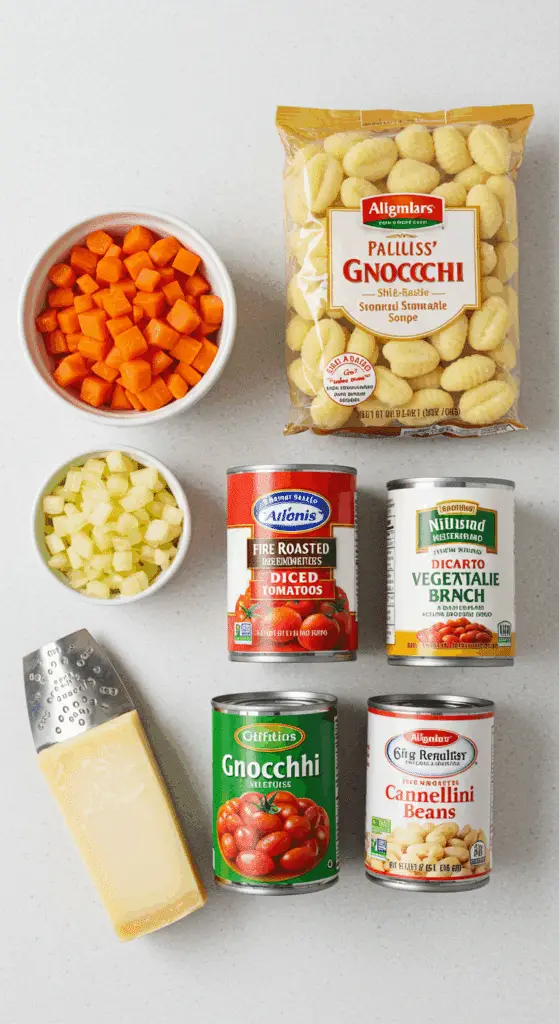The simple, from-scratch ingredients for the classic and hearty vegetarian Gnocchi Minestrone Soup recipe.