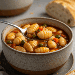 A cozy bowl of homemade, hearty Gnocchi Minestrone Soup being served for a casual family dinner.