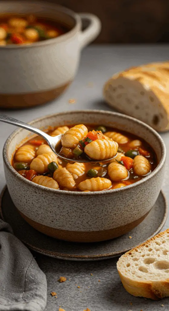 A cozy bowl of homemade, hearty Gnocchi Minestrone Soup being served for a casual family dinner.