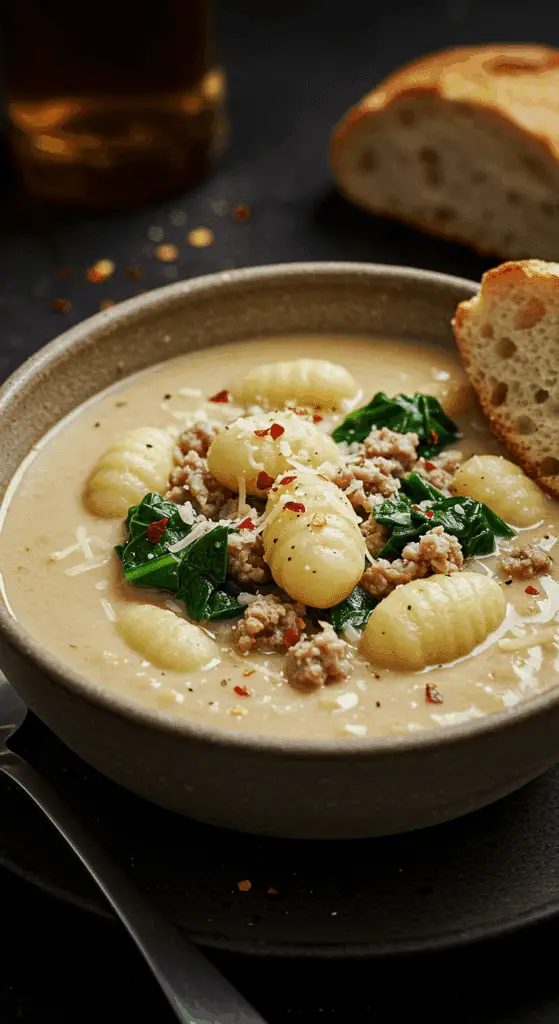 A beautiful, rustic bowl of homemade, creamy Gnocchi Zuppa Toscana, with pillowy gnocchi, savory sausage, and fresh spinach.