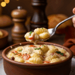 A cozy bowl of homemade, creamy Gnocchi Zuppa Toscana being served for a casual family dinner.
