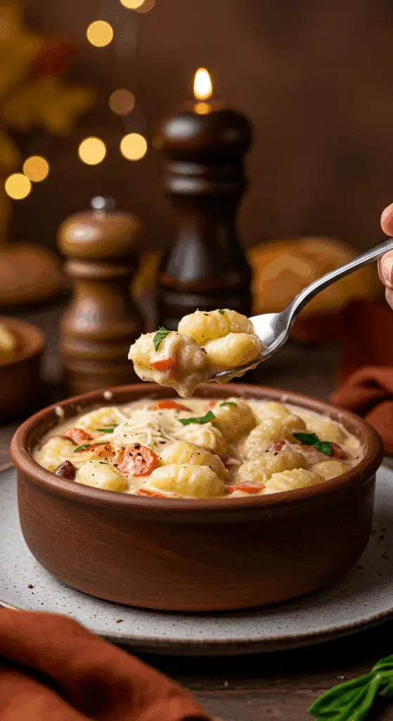 A cozy bowl of homemade, creamy Gnocchi Zuppa Toscana being served for a casual family dinner.