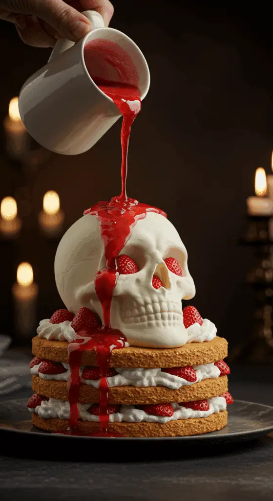 A beautiful, homemade, spooky Halloween Skull Cake, with a "bloody" red strawberry sauce being poured over the top to melt the white chocolate skull and reveal a surprise strawberry filling.