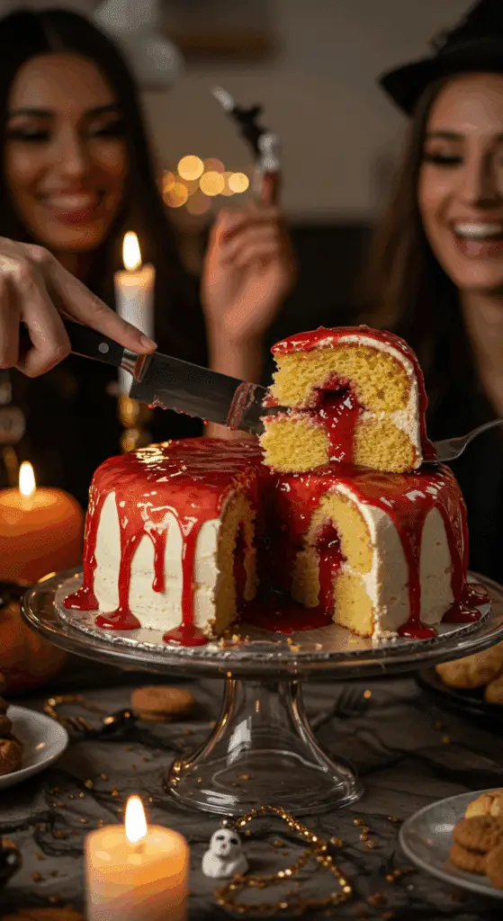 The finished, spooky, and impressive "Melting" Skull Cake being sliced for the first time at a fun and sophisticated Halloween party.