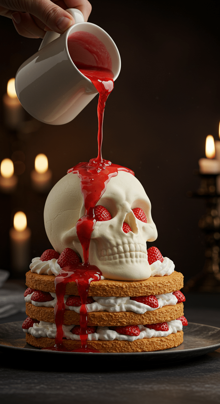 A beautiful, homemade, spooky Halloween Skull Cake, with a "bloody" red strawberry sauce being poured over the top to melt the white chocolate skull and reveal a surprise strawberry filling.