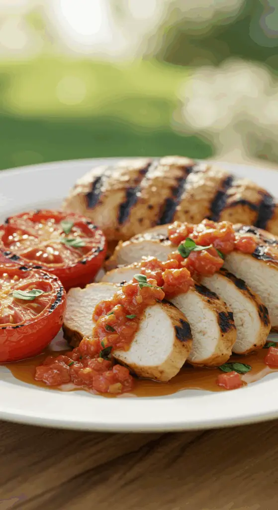 A beautiful, plated serving of homemade, juicy Grilled Basil Chicken, sliced to show the tender interior and served with grilled tomatoes.