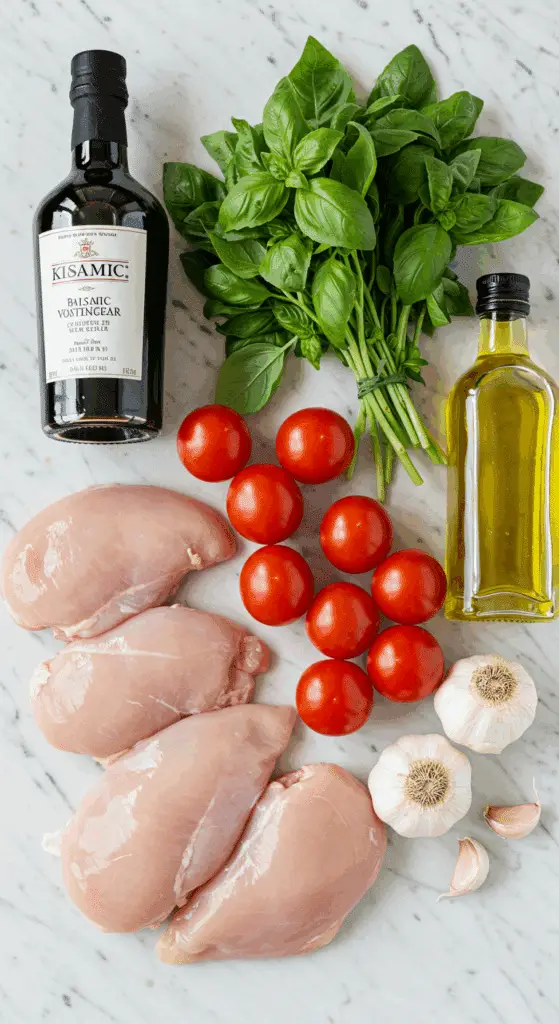 The simple, fresh ingredients for the healthy, from-scratch Grilled Basil Chicken and tomato-balsamic marinade.