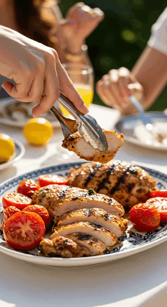 A beautiful platter of homemade Grilled Basil Chicken being served at a sunny, outdoor dinner party.