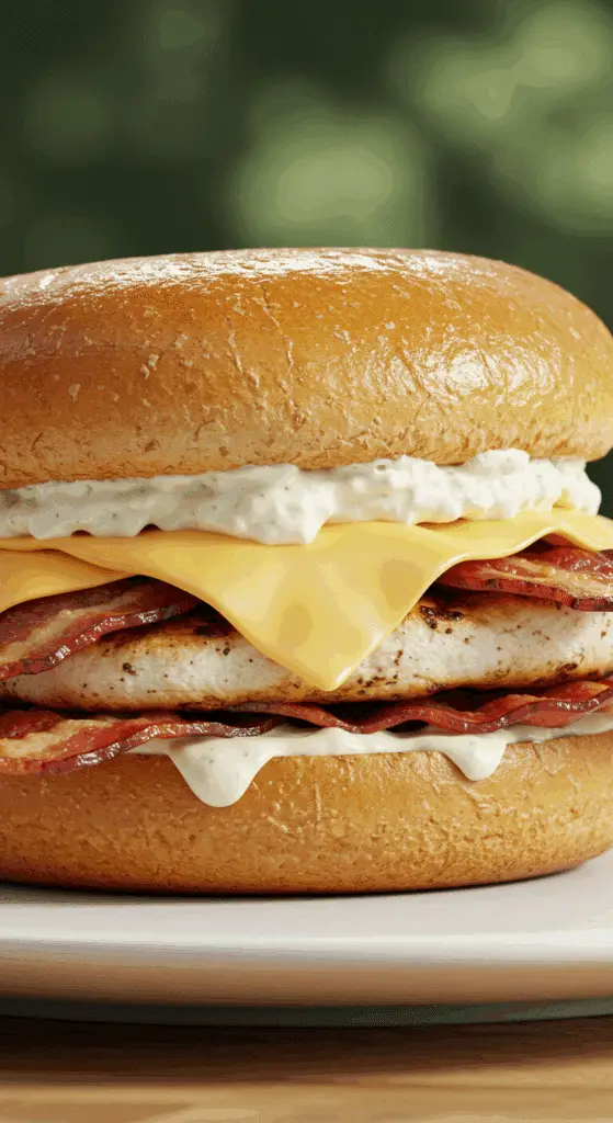 A beautiful, juicy, homemade grilled Chicken Bacon Swiss Sandwich, cut in half to show the gooey, melted cheese and the crispy bacon.