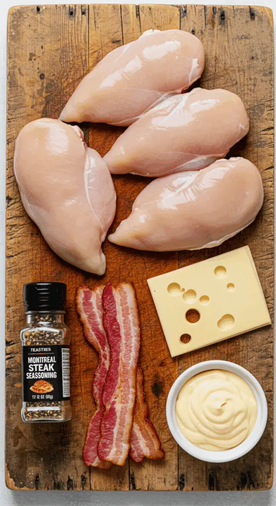 The simple, fresh ingredients for the juicy Grilled Chicken Sandwich with bacon, Swiss, and a honey-mustard mayo.