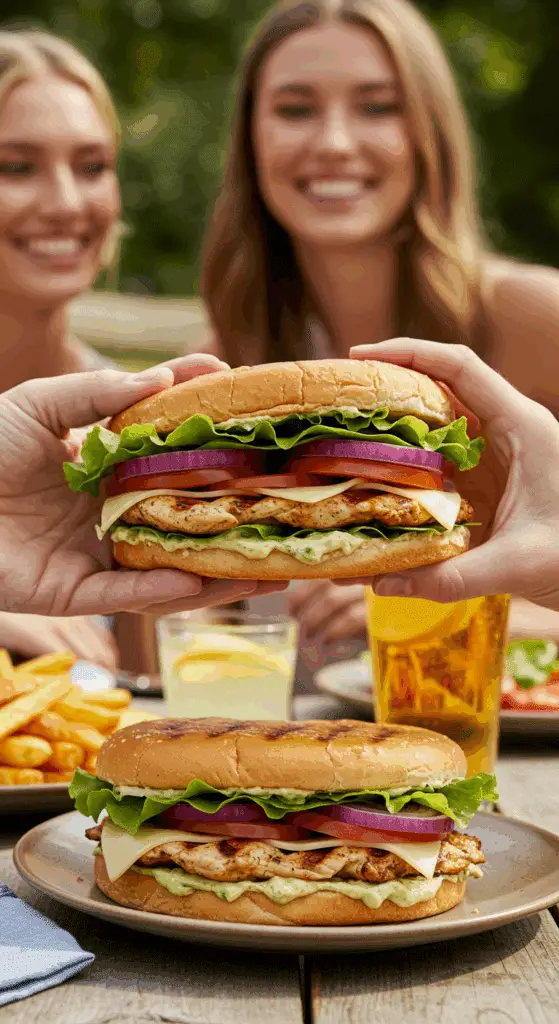 A hand holding a large, delicious, and fully assembled homemade Chicken Bacon Swiss Sandwich at a summer barbecue.