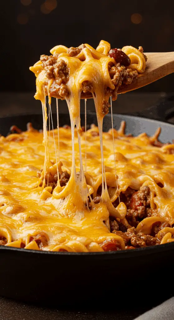 A beautiful, rustic cast-iron skillet of homemade, cheesy Ground Beef and Noodle Skillet, with a spoon lifting a scoop to show a long, gooey cheese pull.