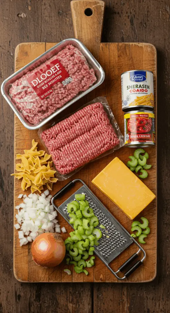 The simple, from-scratch ingredients for the hearty and easy Chili Beef Noodle Skillet recipe.