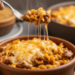 A cozy bowl of homemade, cheesy Ground Beef and Noodle Skillet with a golden topping, being served for a family dinner.