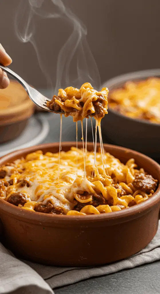 A cozy bowl of homemade, cheesy Ground Beef and Noodle Skillet with a golden topping, being served for a family dinner.