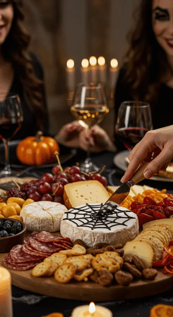 A beautiful, overhead shot of a homemade, spooky, and elegant Halloween Charcuterie Board, featuring a spiderweb Brie and pretzel bones.