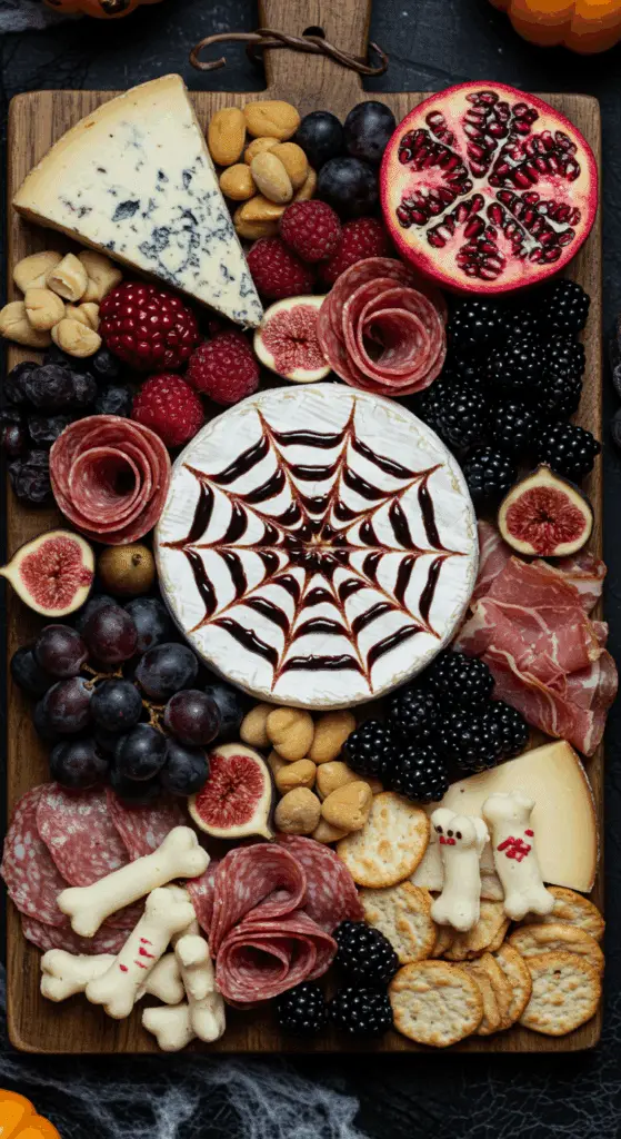 The key, colorful, and spooky components for the easy and elegant Halloween Charcuterie Board.