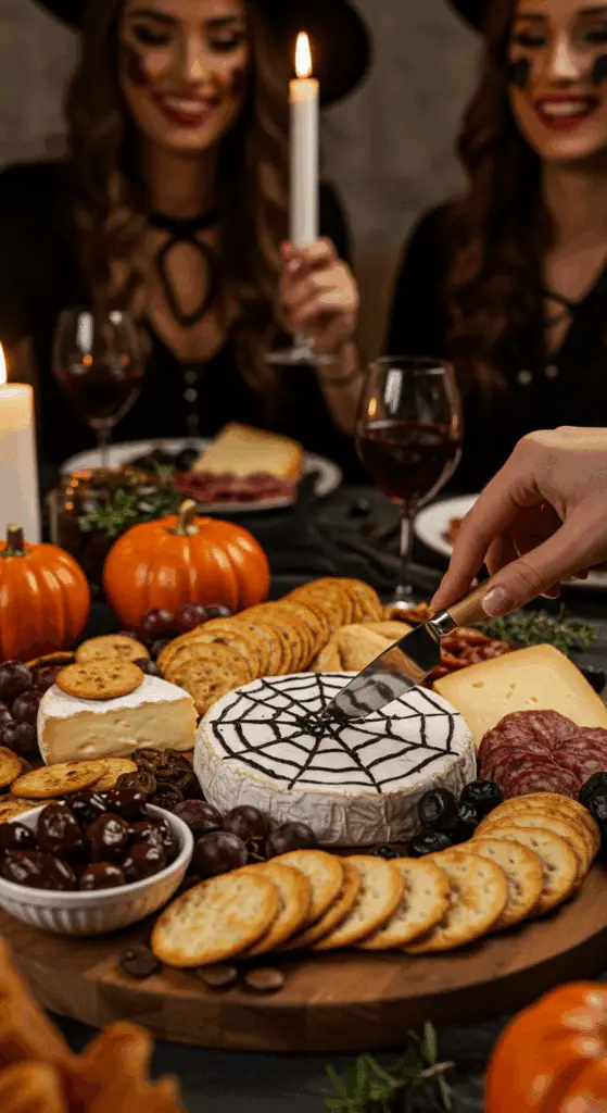 The finished, abundant, and spooky Halloween Charcuterie Board being enjoyed at a fun and sophisticated Halloween party.